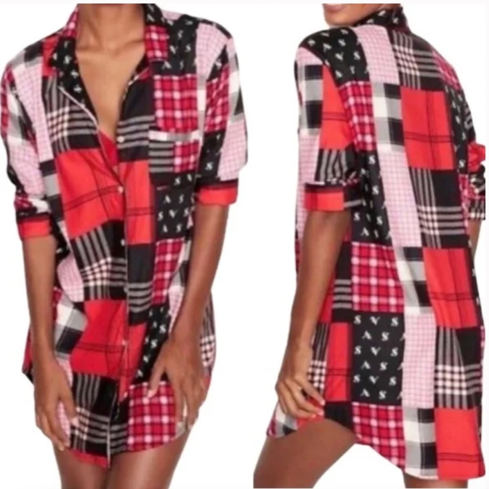 Like New Victoria's  Secret Patchwork Flannel Nightgown Medium Red Navy Soft!